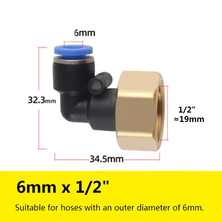 90° Elbow Push-to-Connect Pneumatic Fitting — 4mm to 12mm Hose OD, Female Thread