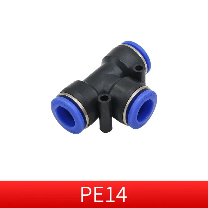 Pneumatic Push-in T-Shape 3-Way Fitting — Air Water Tube Connector PE4–PE16 & Reducing