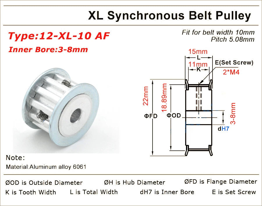 10-40Teeth XL Synchronous Pulley 3-25mm Timing Belt Width 11mm 3D Printer Drive