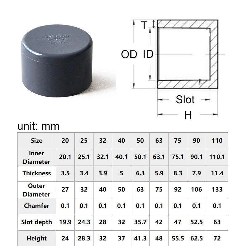 UPVC PVC Pipe Fittings Tee Straight Cap Elbow Plumbing Couping ID 20-110mm Grey