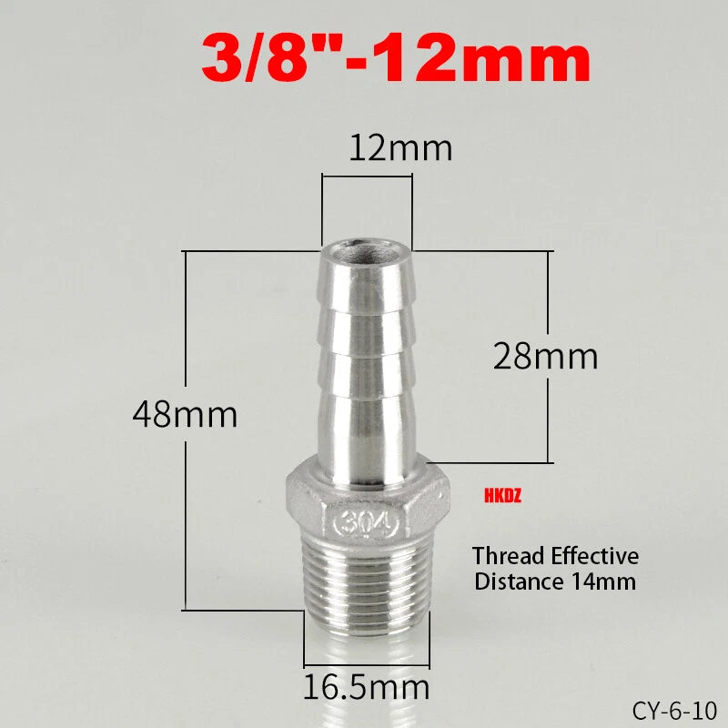 304 Stainless Steel Male Thread Barb Hose Tail Connector | 1/8" to 3/8" NPT