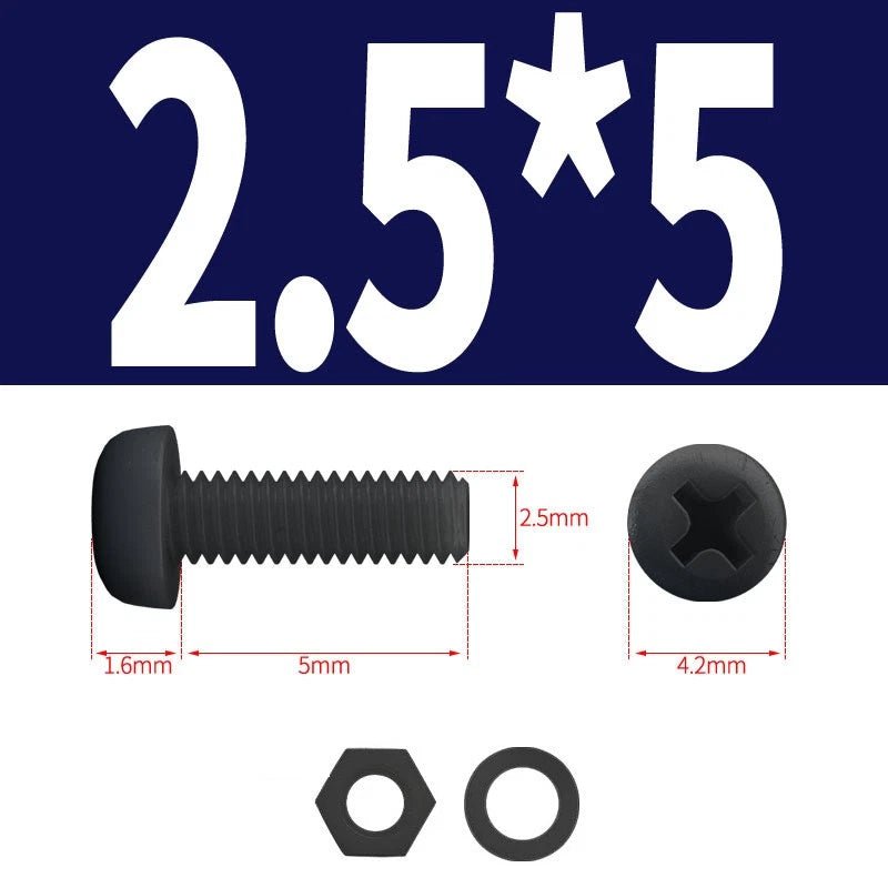 Black Nylon Phillips Machine Screws with Nuts & Washers — Metric M2 to M8 - HomeDIYer