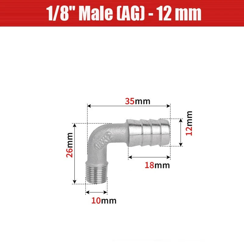 BSP Male Elbow Barbed Hose Connector — Stainless Steel, 1/8" to 1/2", 6–16mm