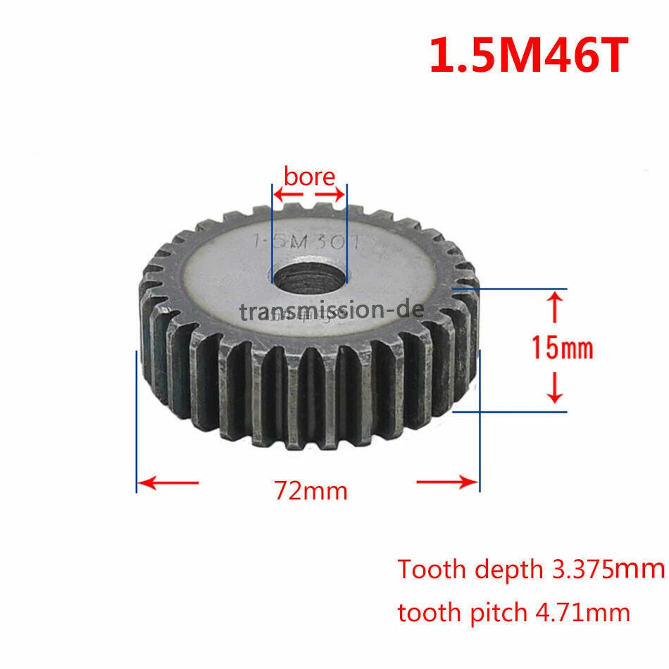1/1.5 Mod 12T-150T Spur Gear 45# Steel Pinion Gear Thickness 1M-10mm 1.5M-15mm