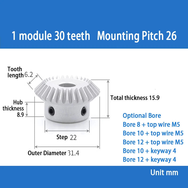 1 Mod Bevel Gear 15 - 30 Teeth Transmission Gears Bevel Teeth 90° 1:1 Aluminum