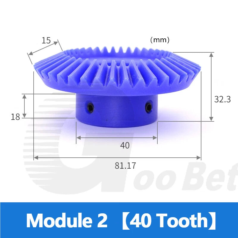 Nylon Module 2 Straight Bevel Gear 90° 1:2 Pairing 20/40 Tooth 12-25mm Bore Blue
