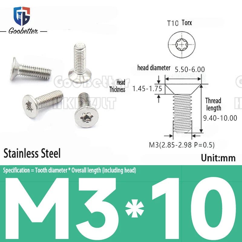M3 Torx Flat Head Countersunk Machine Screws — Carbon Steel & Stainless Steel, Multi - Finish - HomeDIYer