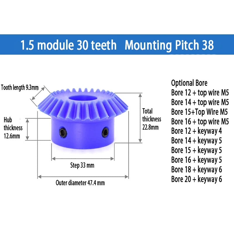 1/1.5/2 Mod Bevel Gear 15T-30T 90°1:1 Pairing Plastic Nylon Transmission Gear