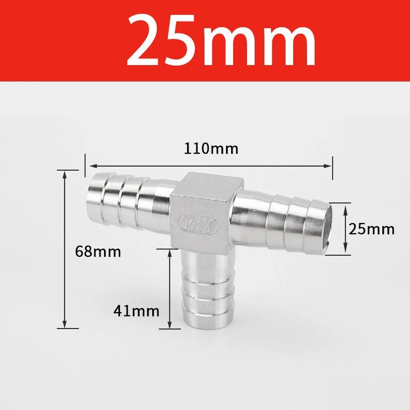 Stainless Steel 3-Way Hose Barbed Connector — T Piece & Y Piece, 8mm–32mm