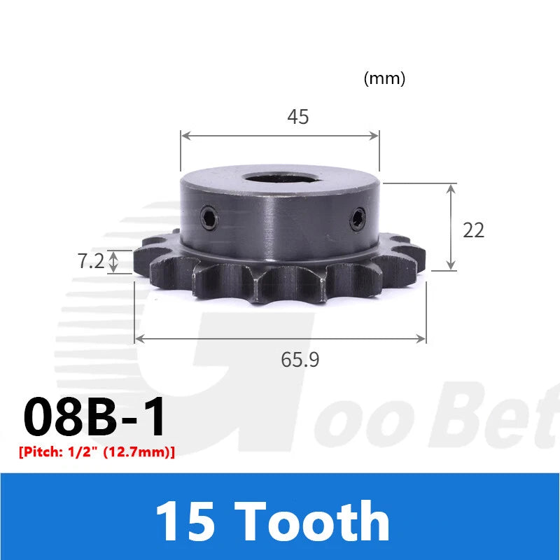 08B-1 1/2" Pitch Roller Chain Sprocket C45 Steel 10-20 Tooth 10-40mm Bore Black