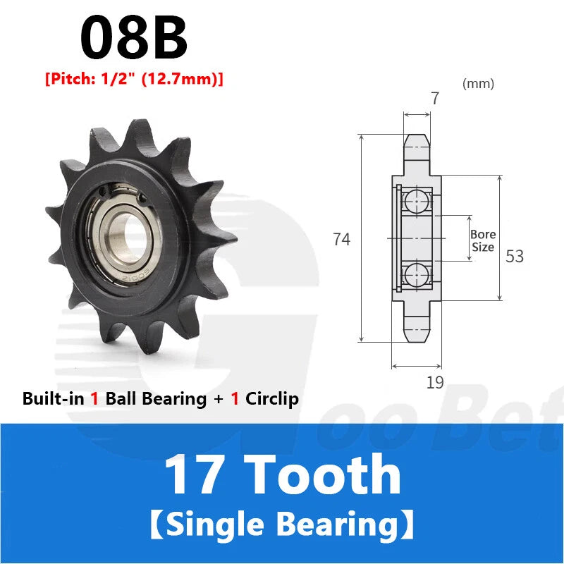 1/2" Pitch Steel Idler Sprocket with Ball Bearing for 08B Roller Chain Tensioner