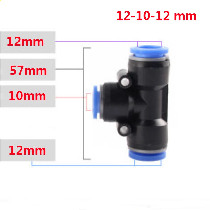 Reducer Tee Push-In Fittings for Pneumatic Air Tube — 4 to 16mm