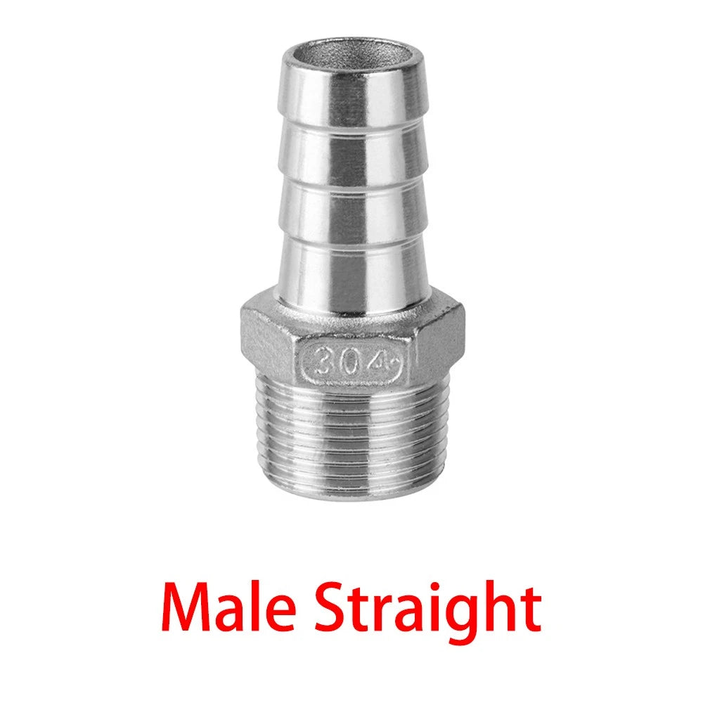 304 Stainless Steel Hose Barb Fittings — Taper Thread x Hose Tail Connectors