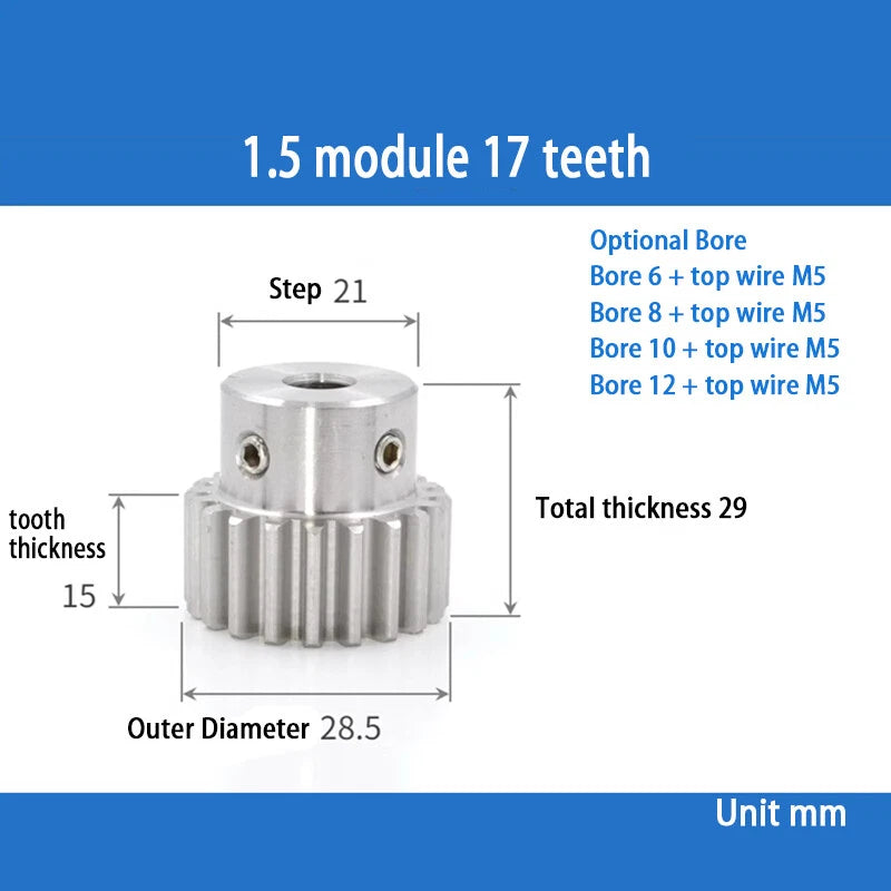 Module 1.5 Spur Gear A2 Steel 12-32 Tooth with Hub Pinion Motor Gear Bore 6-20mm