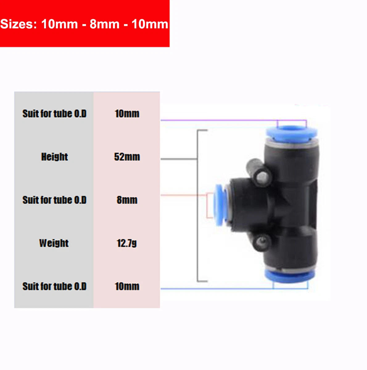 Nylon Pneumatic Reducer Tee 3-Way Connector Hose Tube Inline Push-In Fittings