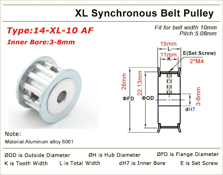 10-40Teeth XL Synchronous Pulley 3-25mm Timing Belt Width 11mm 3D Printer Drive