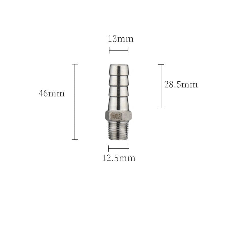 A2 Stainless Steel Straight Barb Hose Connector — Male Thread, 6mm to 20mm Tubing