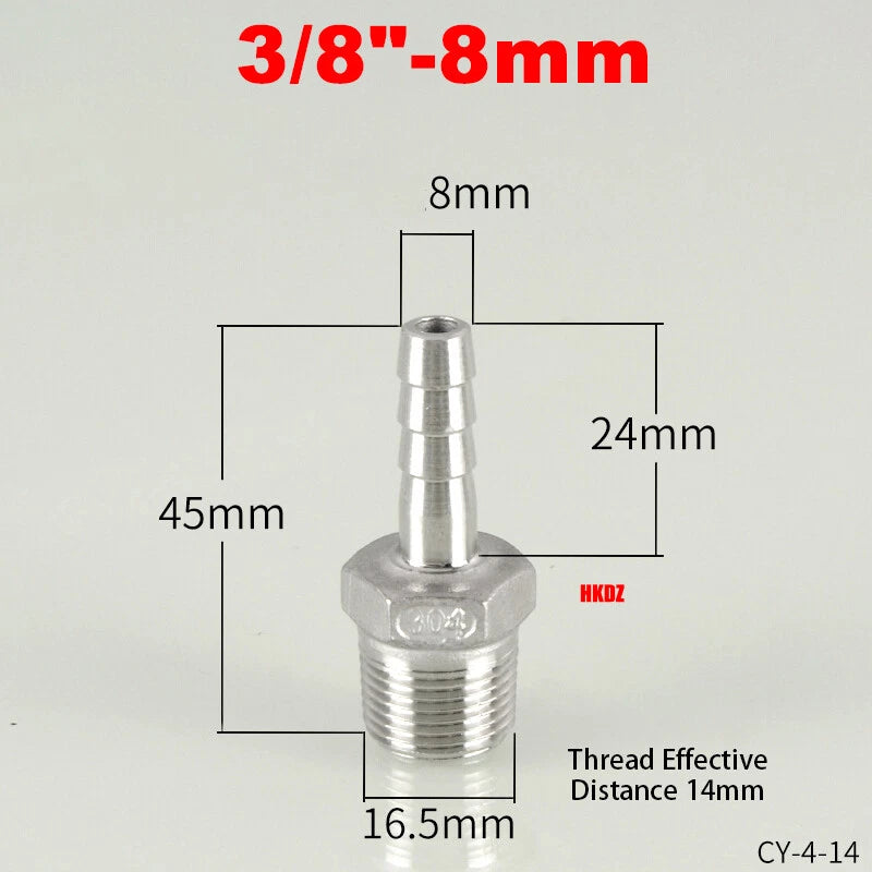 304 Stainless Steel Male Thread Barb Hose Tail Connector | 1/8" to 3/8" NPT