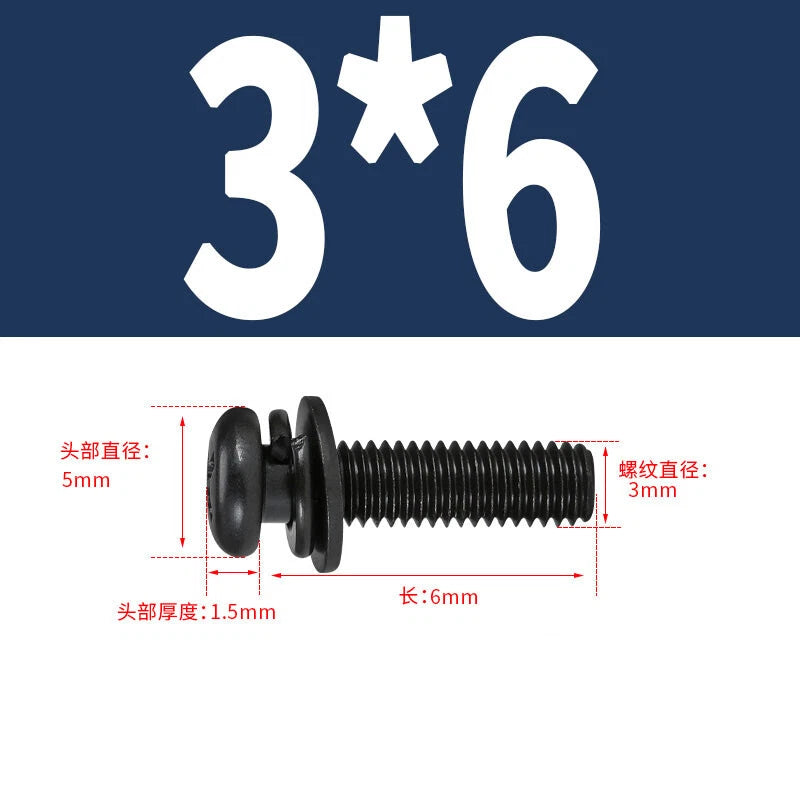 Black Zinc Pan Head Machine Screws with Washers, M2–M6 Pozi Phillips Drive