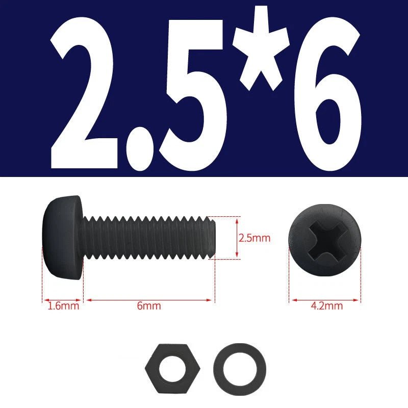 Black Nylon Phillips Machine Screws with Nuts & Washers — Metric M2 to M8 - HomeDIYer