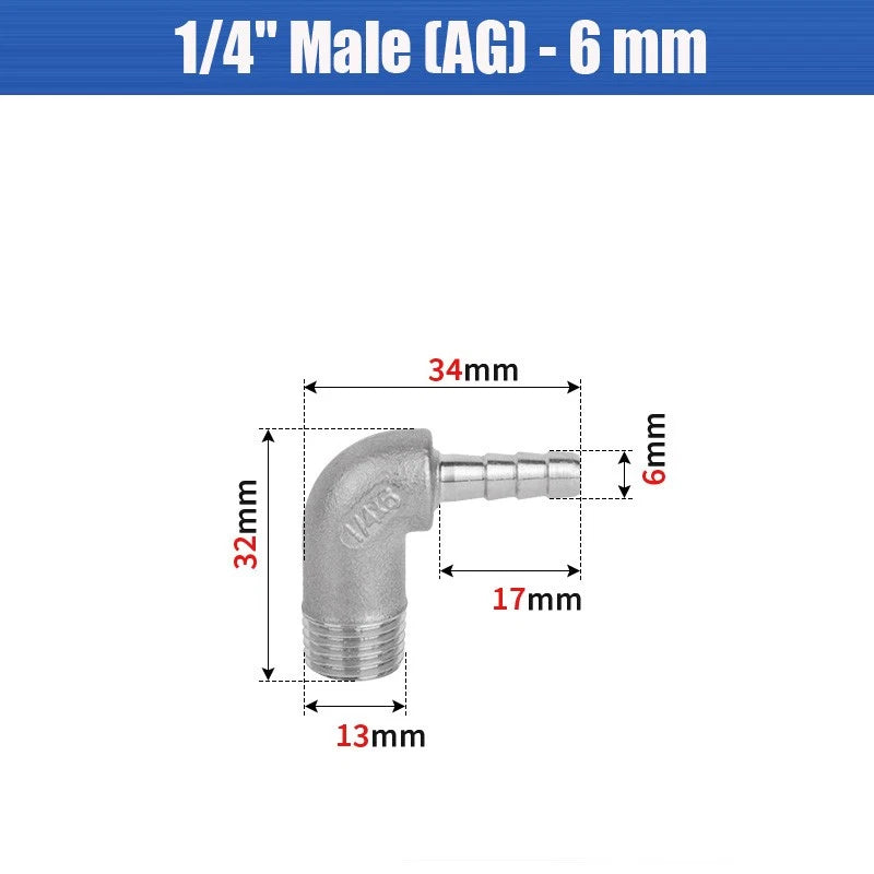 BSP Male Elbow Barbed Hose Connector — Stainless Steel, 1/8" to 1/2", 6–16mm