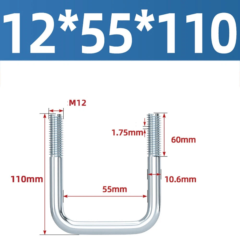Square U-Bolts Galvanized Carbon Steel Fixing Clamp Bolt M6 M8 M10 M12 M14 M16