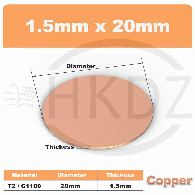 Solid Pure Copper Discs Blanks Round Plate Metal Sheet OD 10-300mm Thick 0.3-3mm
