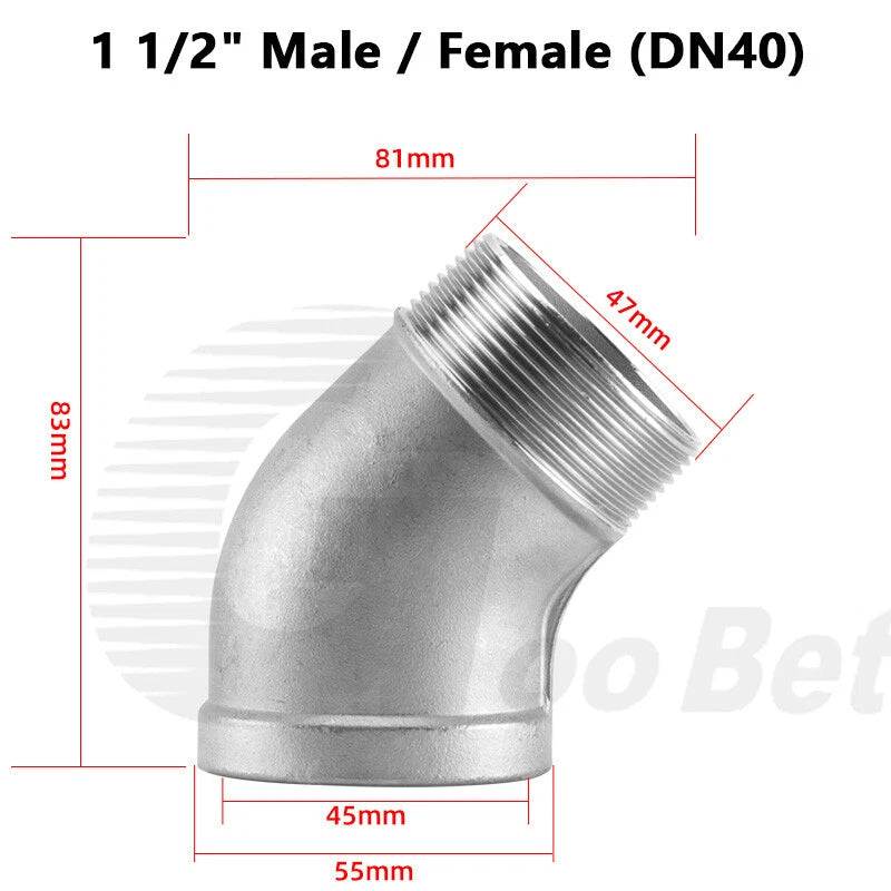 Stainless Steel 45° Elbow Pipe Fitting | 1/4"-2" BSP Male Female Thread | 304 SS Equal Elbow