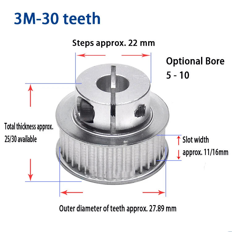 Bore 5 to 15mm CNC Pulley, Clamping Type, For 10mm/15mm Wide 3M Timing Belt