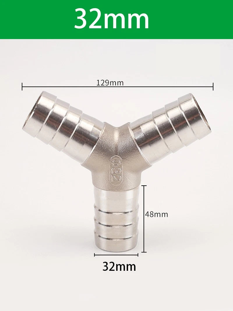 Stainless Steel 3-Way Hose Barbed Connector — T Piece & Y Piece, 8mm–32mm