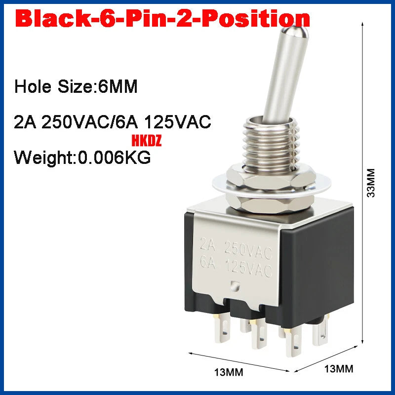 6mm Mini Toggle Switch DPDT 2/3 Position 3/6 Pin — AC 125V 250V for Boat Car DIY
