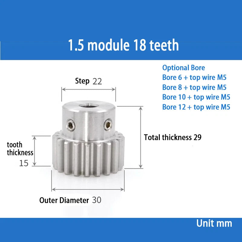 Module 1.5 Spur Gear A2 Steel 12-32 Tooth with Hub Pinion Motor Gear Bore 6-20mm