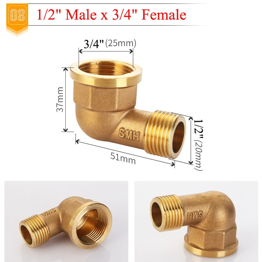 BSP Brass Elbow Fitting — 1/2", 3/4" & 1" Male/Female Thread Pipe Connector Adapter