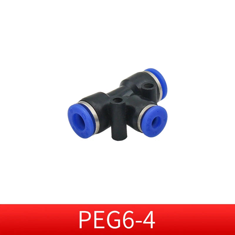 Pneumatic Push-in T-Shape 3-Way Fitting — Air Water Tube Connector PE4–PE16 & Reducing