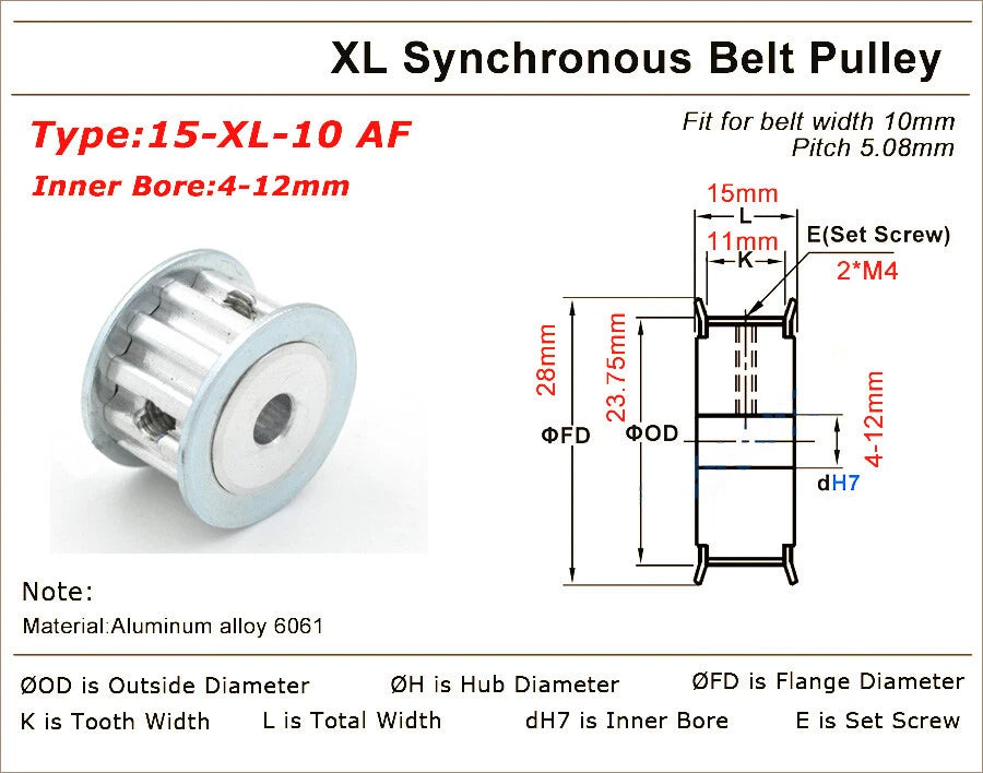 10-40Teeth XL Synchronous Pulley 3-25mm Timing Belt Width 11mm 3D Printer Drive