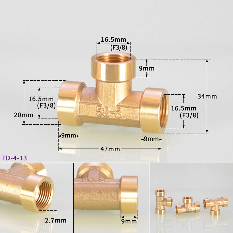 BSP Brass Tee Pipe Fitting – Male & Female Thread T-Shape Connector