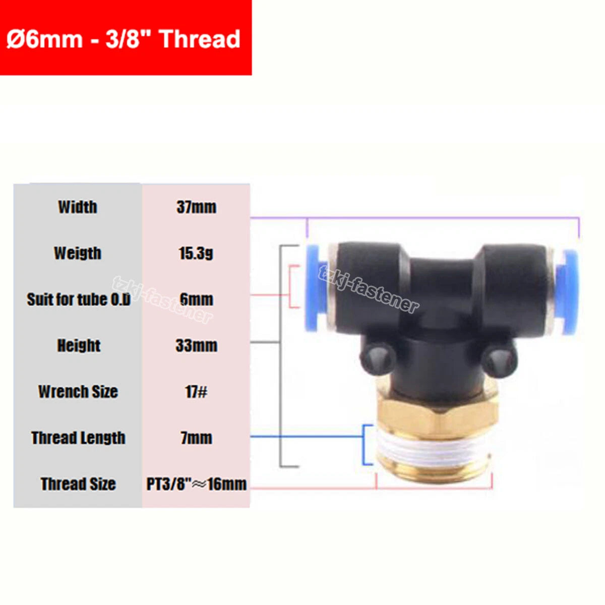 Pneumatic Tee "T" Connector BSP Male Thread 4mm-16mm Hose Tube Push-In Fittings