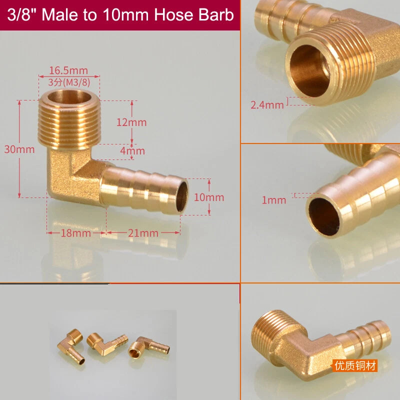 Brass Hose Barb Elbow Fittings — Male BSP to Metric Barb, 1/8" to 3/4" BSP