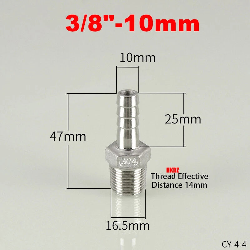 304 Stainless Steel Male Thread Barb Hose Tail Connector | 1/8" to 3/8" NPT
