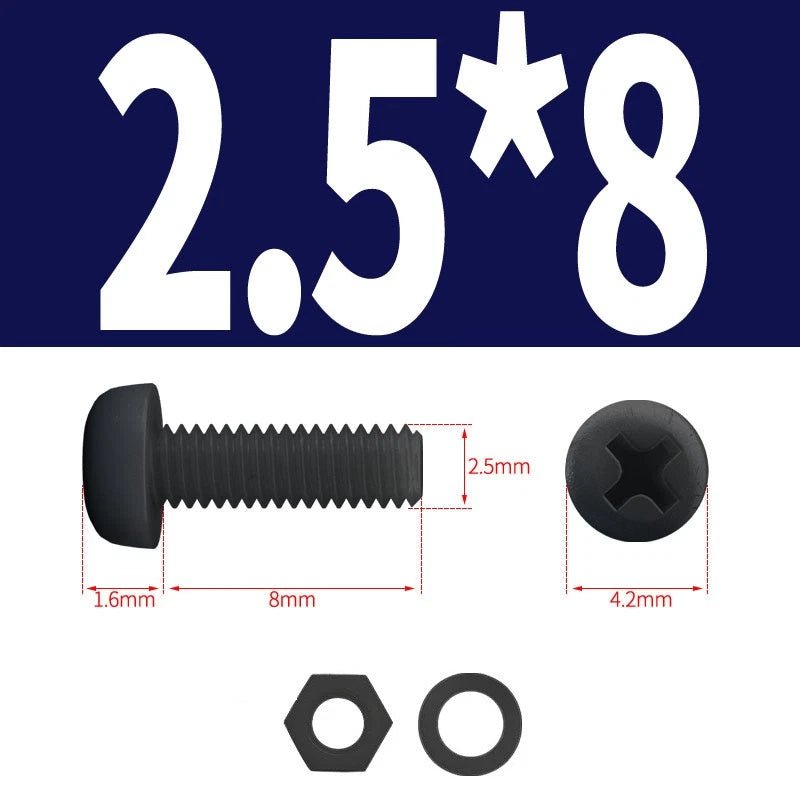 Black Nylon Phillips Machine Screws with Nuts & Washers — Metric M2 to M8 - HomeDIYer