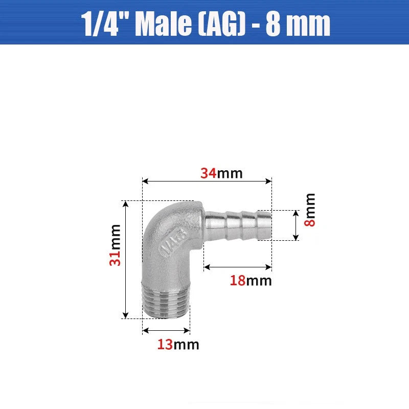 BSP Male Elbow Barbed Hose Connector — Stainless Steel, 1/8" to 1/2", 6–16mm