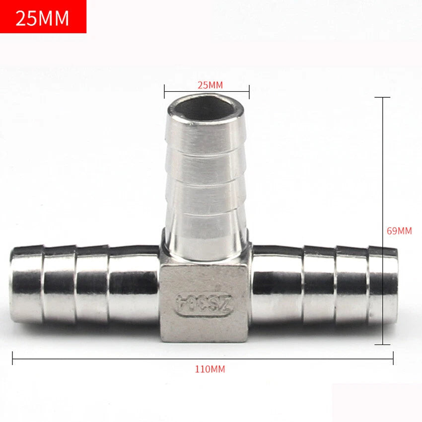 Stainless Steel Barbed T-Piece 3-Way Hose Joiner Connector — Fuel, Air, Water & Oil Lines
