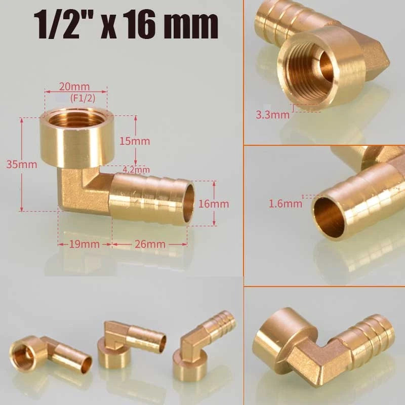 Brass 90° BSP Female Elbow with Barbed Hose Tail — 1/4", 3/8", 1/2" Pipe Fittings