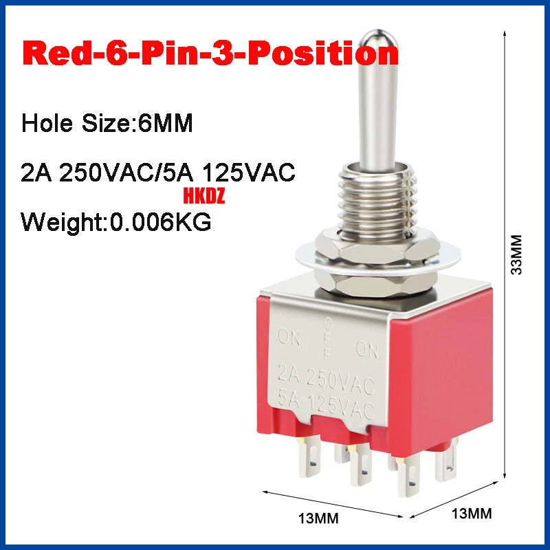 6mm Mini Toggle Switch DPDT 2/3 Position 3/6 Pin — AC 125V 250V for Boat Car DIY