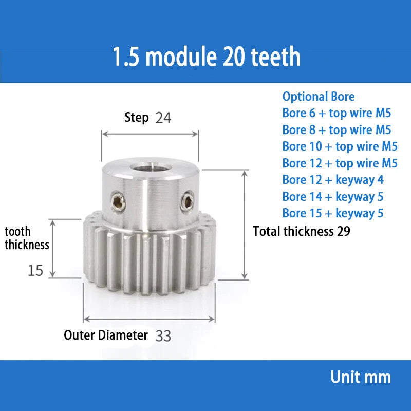 Module 1.5 Spur Gear A2 Steel 12-32 Tooth with Hub Pinion Motor Gear Bore 6-20mm