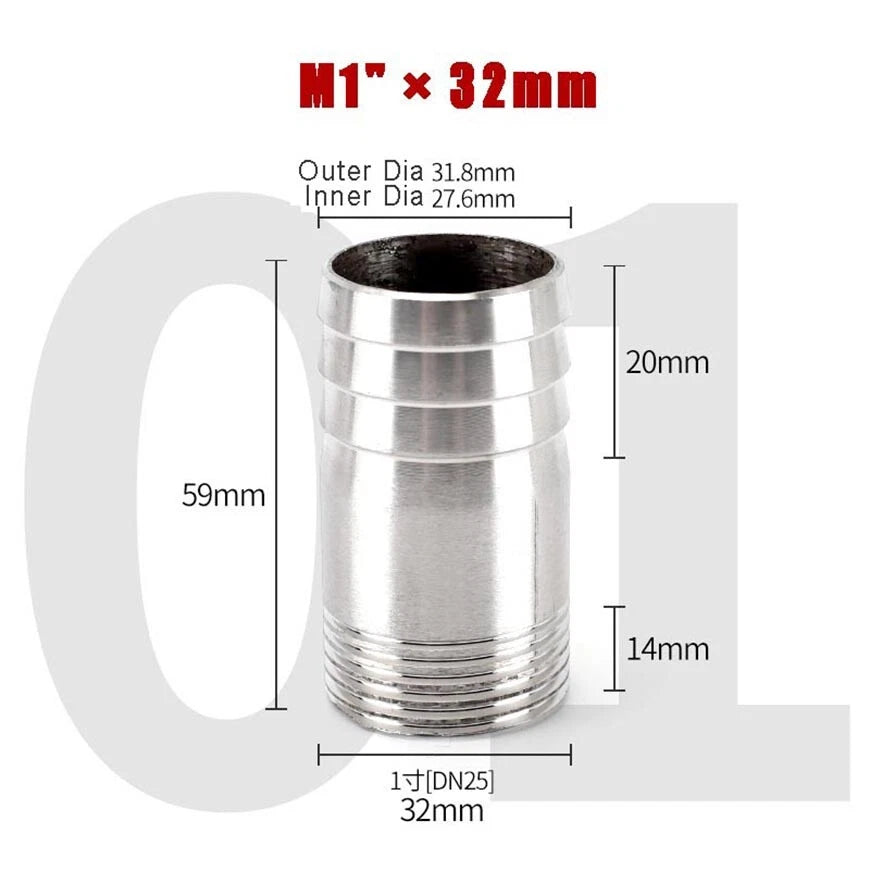 BSP Stainless Steel Barbed Hose Joiner Connector Tail — 1/8" to 4" Pipe Fitting