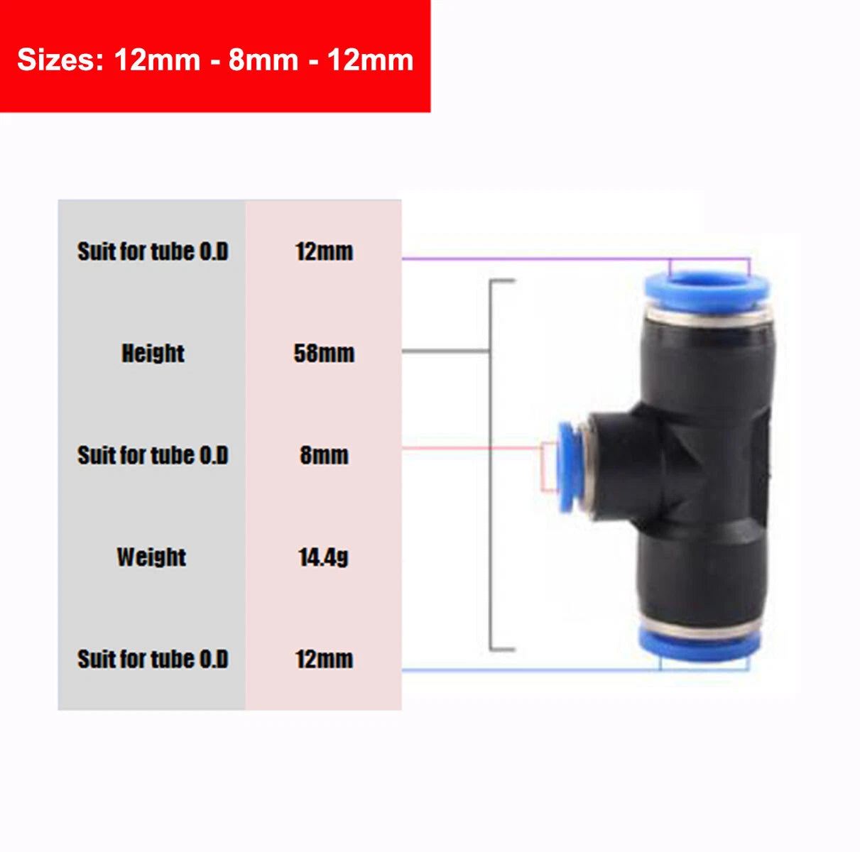 Nylon Pneumatic Reducer Tee 3-Way Connector Hose Tube Inline Push-In Fittings