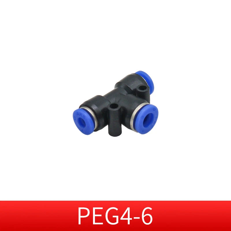 Pneumatic Push-in T-Shape 3-Way Fitting — Air Water Tube Connector PE4–PE16 & Reducing