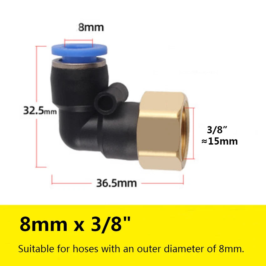 90° Elbow Push-to-Connect Pneumatic Fitting — 4mm to 12mm Hose OD, Female Thread