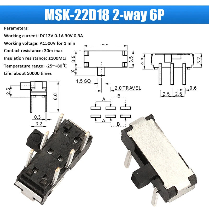 Slide Toggle Switch SS SK MSK MSS Series — 2/3-Way PCB Slide Switch, 3–8 Pin, Single & Double Row